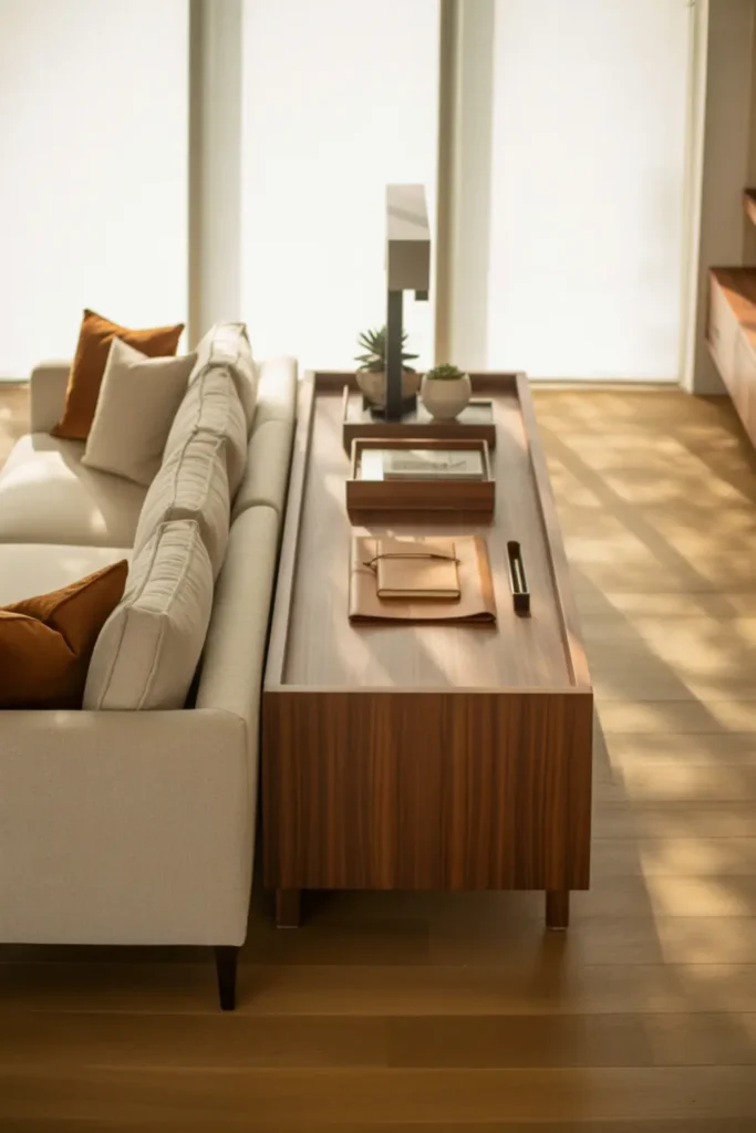 Sleek wooden desk placed behind a sofa in a living room.