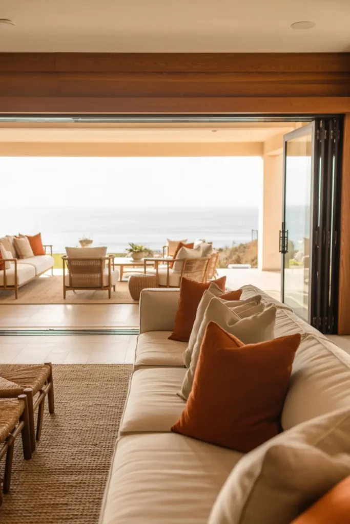 Family room opening to a patio with matching furniture.