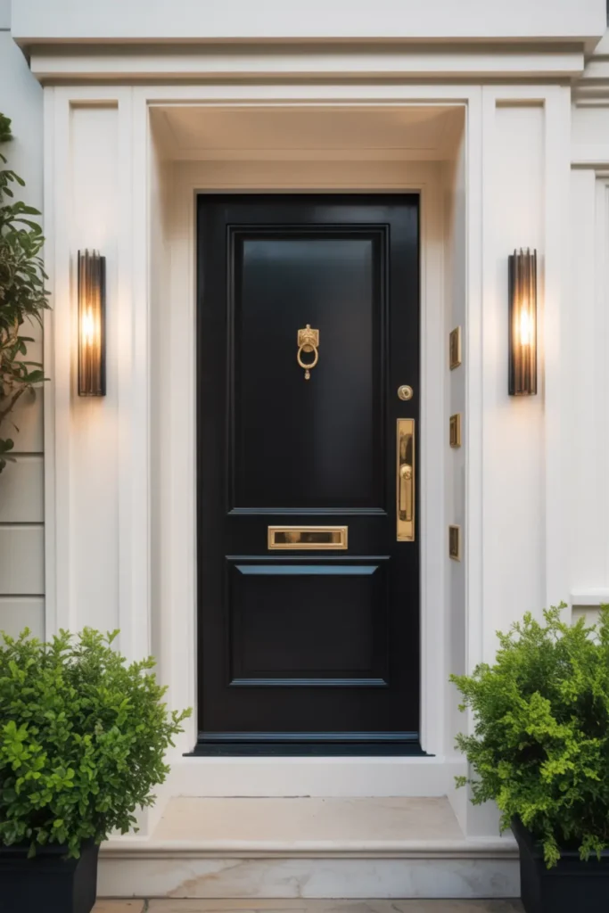 Sleek jet black front door on a white house with shiny brass hardware and modern wall sconces.