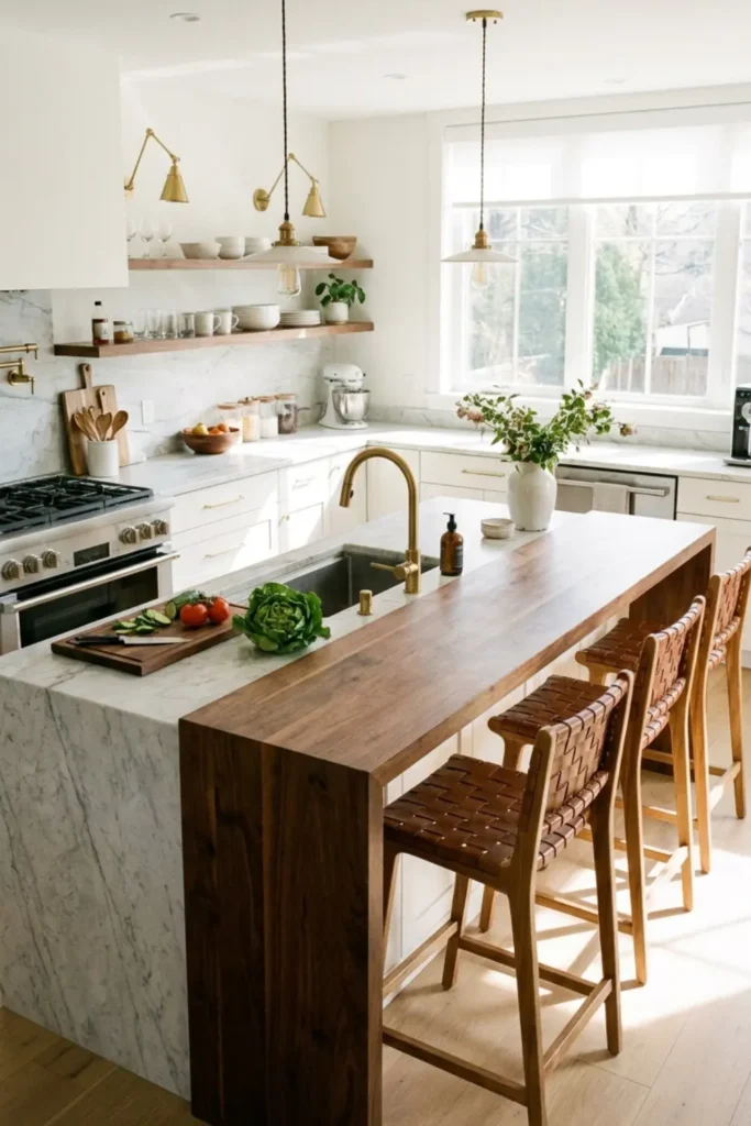 Double-tier kitchen island with dedicated food prep station and raised dining bar seating.