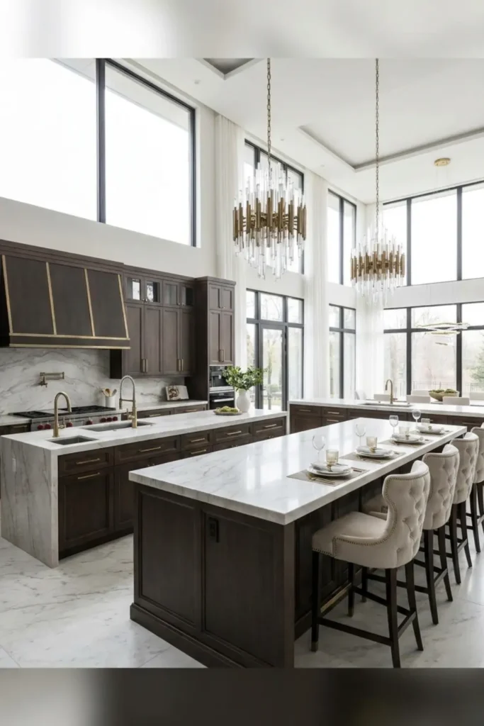 Large luxury kitchen featuring two parallel kitchen islands for prep, dining, and entertaining.