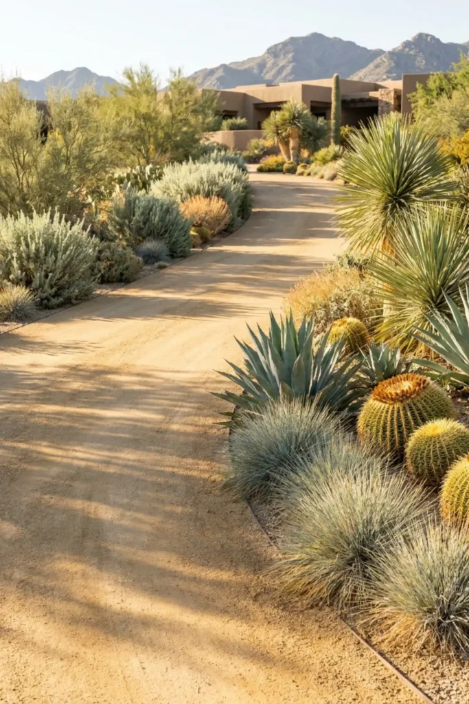 Decomposed granite driveway in desert landscape.