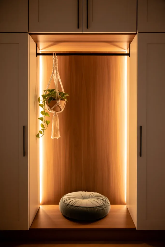 Converted closet yoga studio with wood paneling and a meditation cushion.