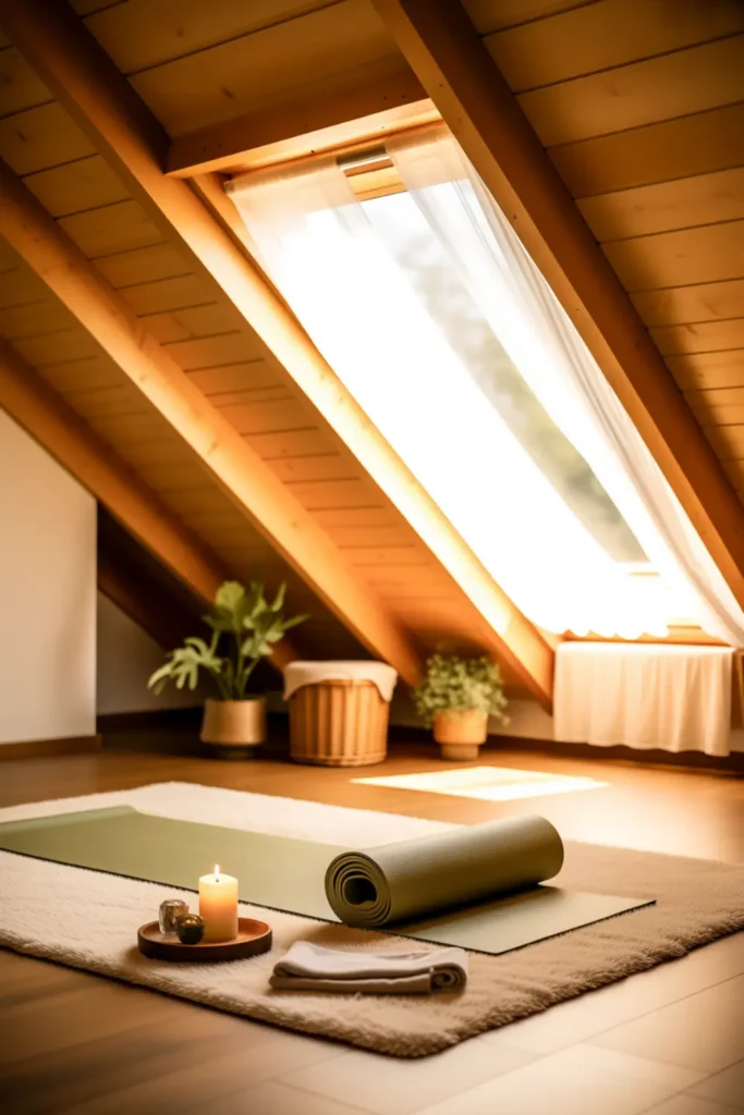 Cozy attic yoga room with sloped ceilings, skylight, and cream rug.