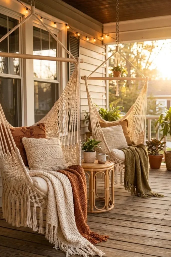 Two boho macrame hanging chairs on a front porch.