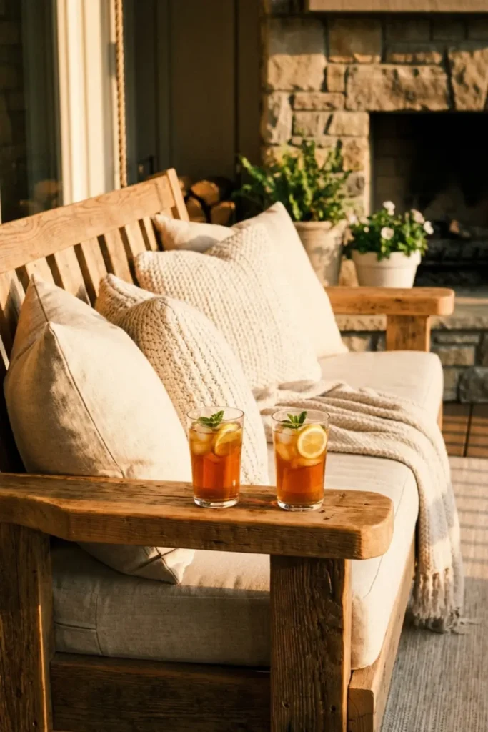 Wooden porch swing with wide armrests holding iced tea.