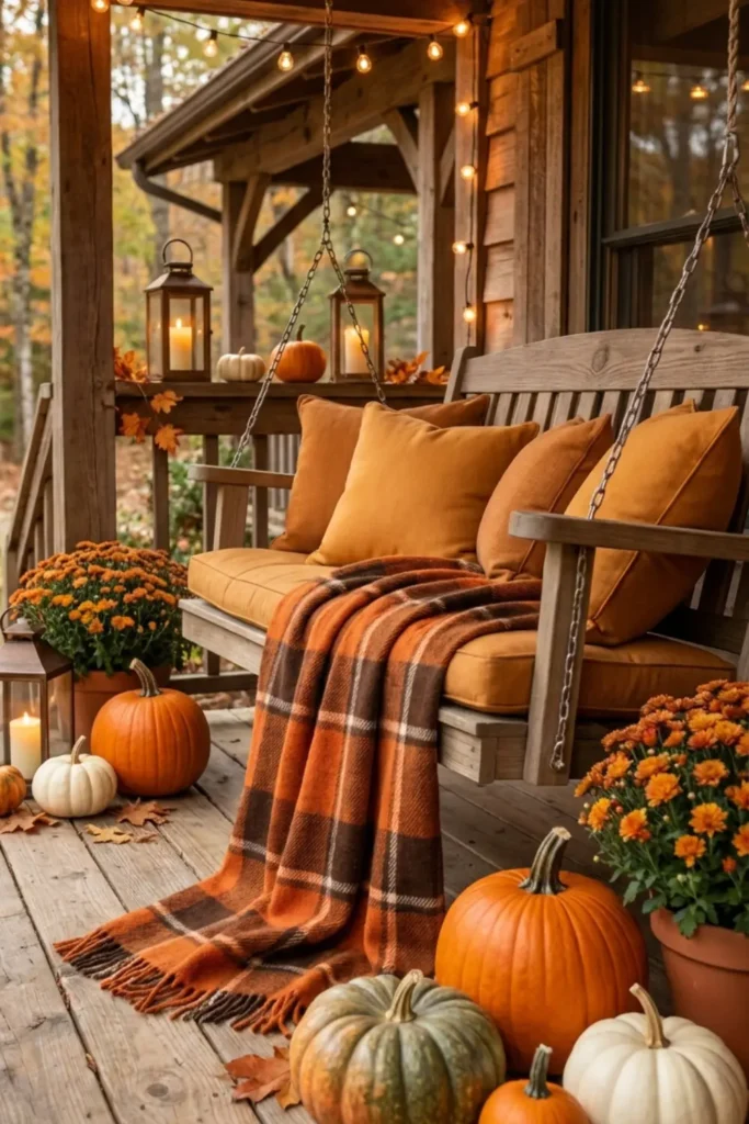 Fall styled porch swing with plaid blanket and pumpkins.