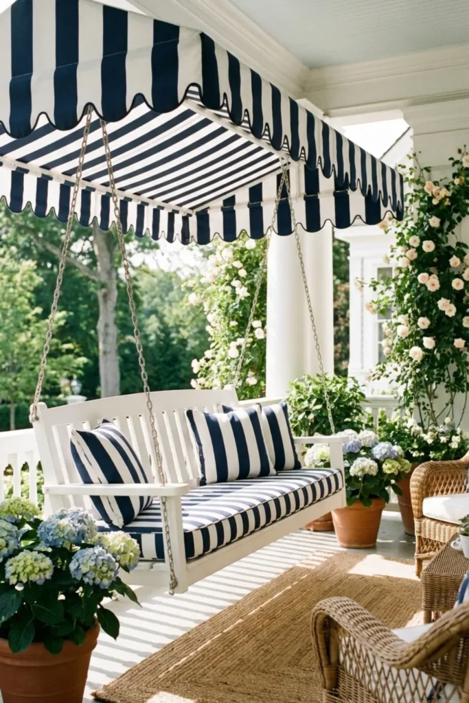 Porch swing with a navy and white scalloped canopy.