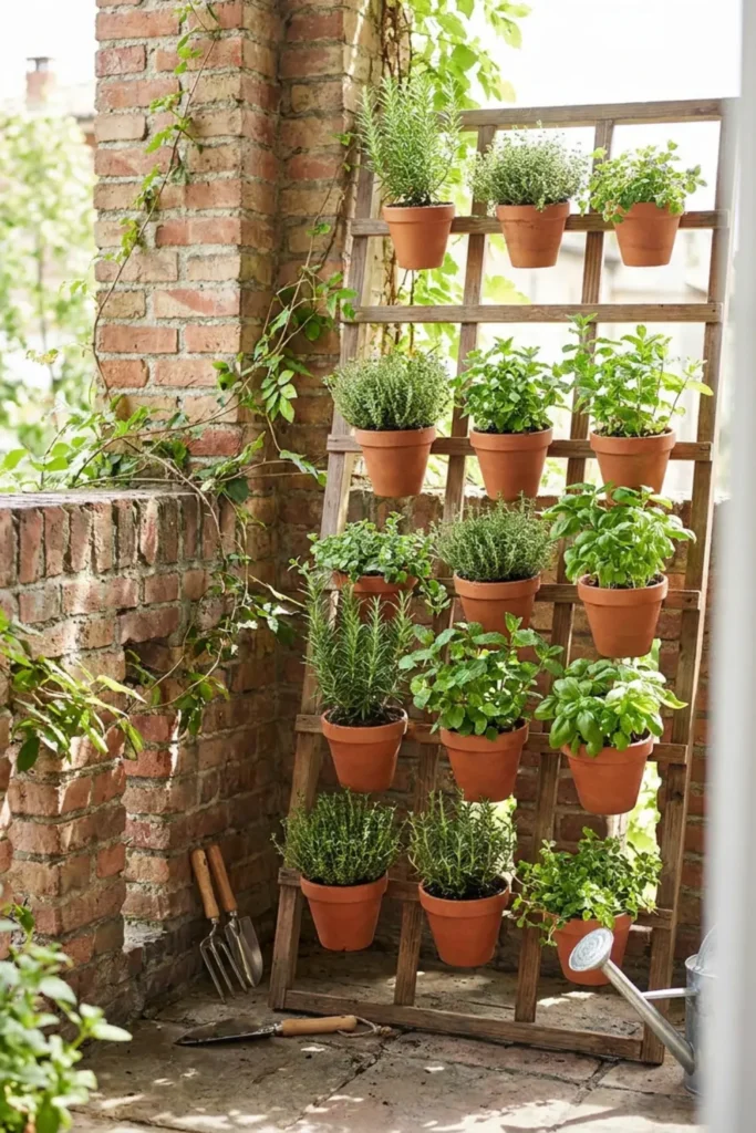 Vertical wooden trellis with potted herbs on a balcony.
