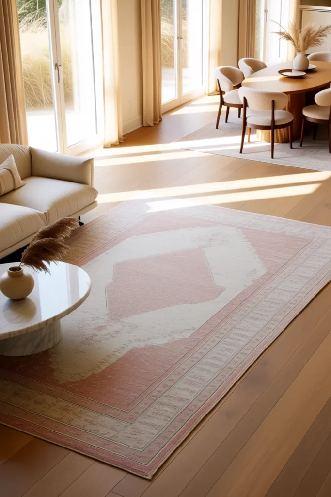 oversized area rug connecting an open concept living and dining area