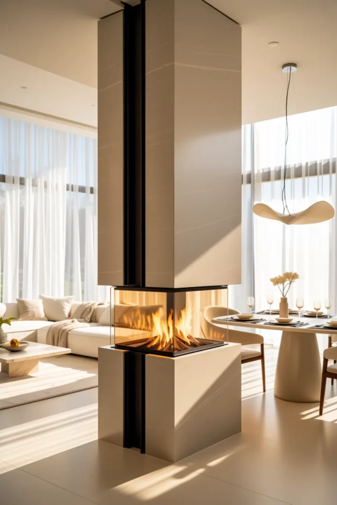 modern two way fireplace separating living and dining rooms
