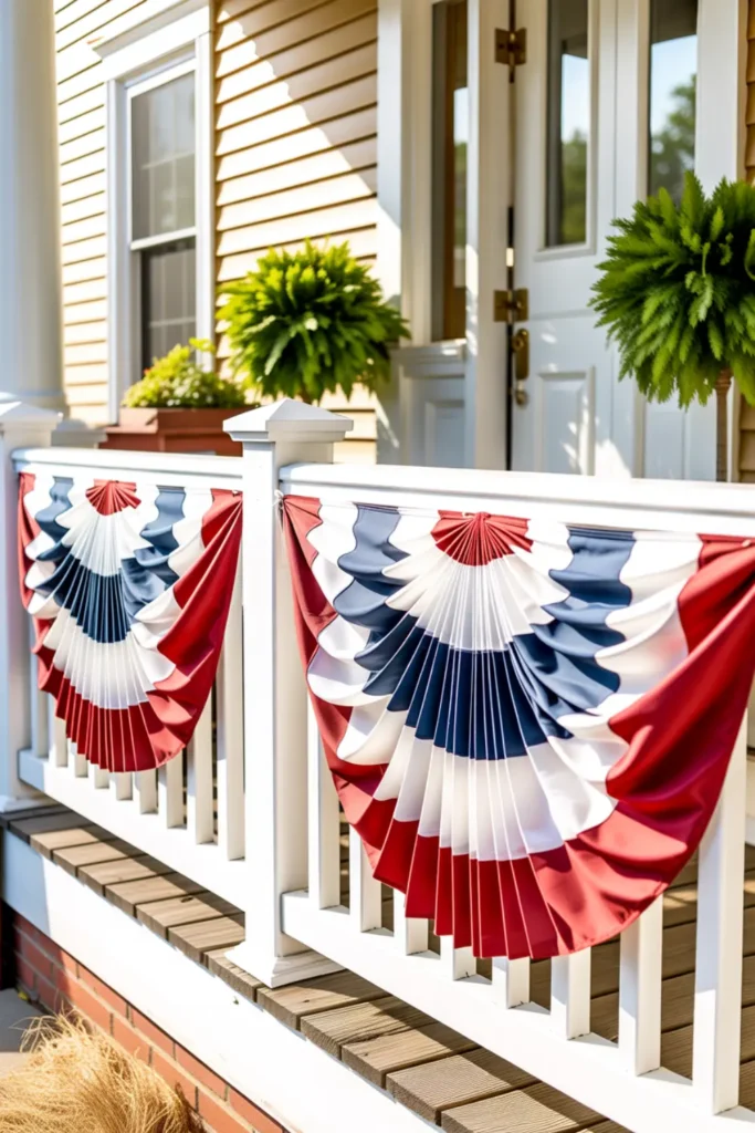 Classic pleated patriotic bunting draped across white porch railings in bright summer daylight.