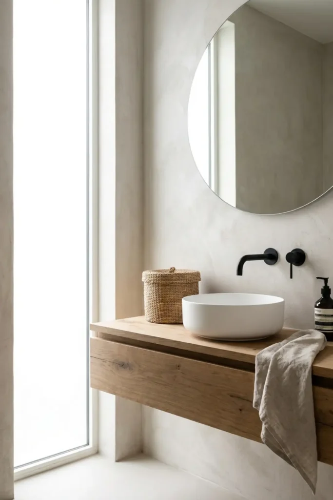 Slimline floating vanity in a small powder room with matte black fixtures and a modern white basin.