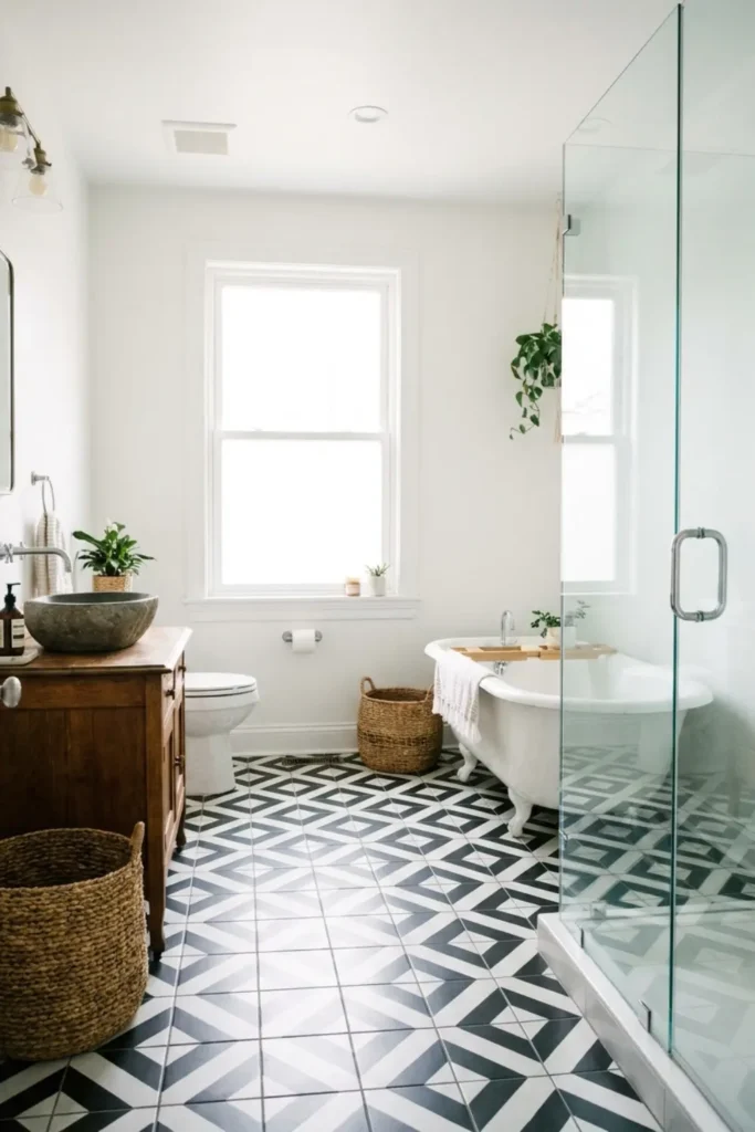 Small bathroom featuring bold black and white geometric patterned floor tiles.