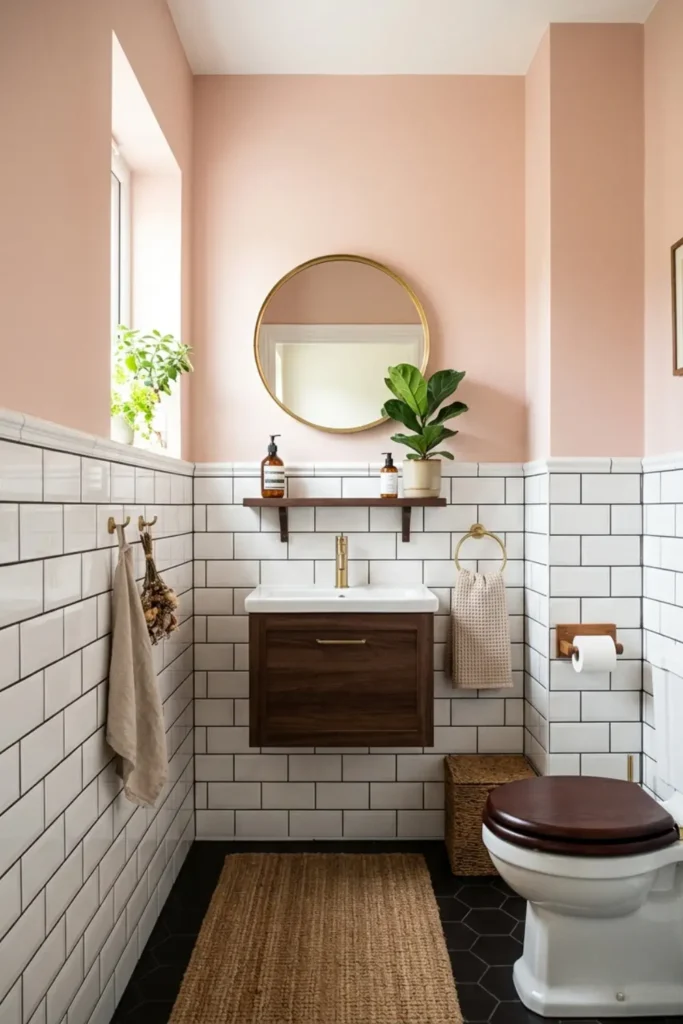Small cloakroom with white subway tile lower walls and blush pink upper walls.
