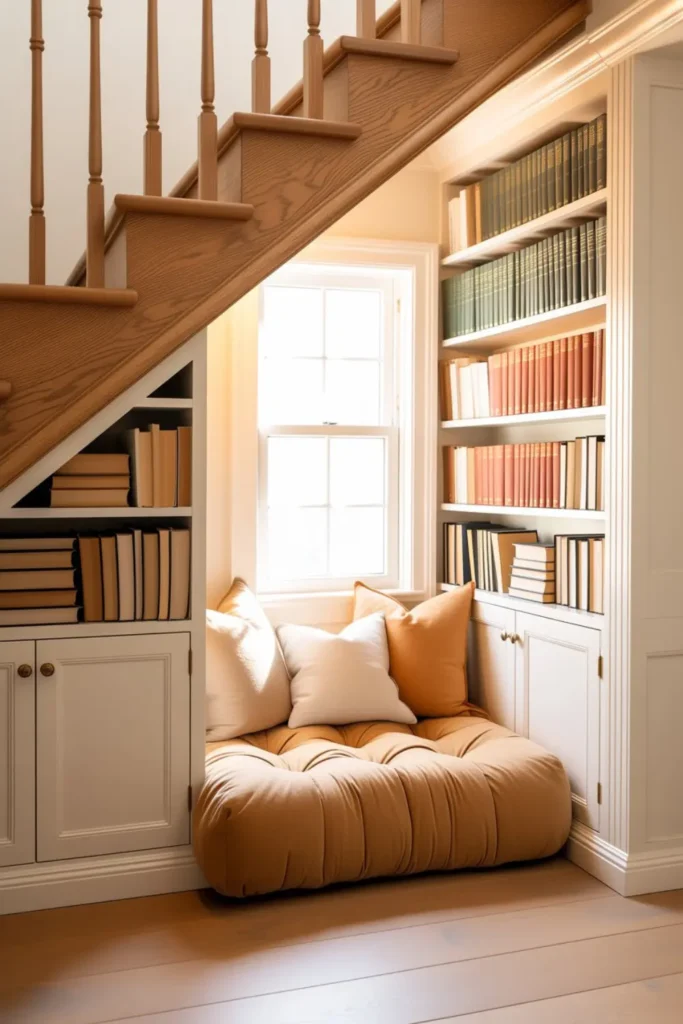 Cozy under-stairs reading nook with built-in white bookshelves, soft seating, and neutral pillows.