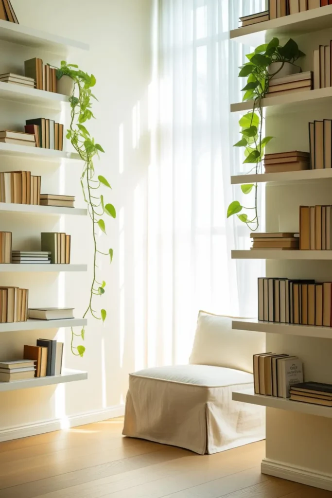 Minimalist bright home library with floating white shelves, books, and trailing green plants.