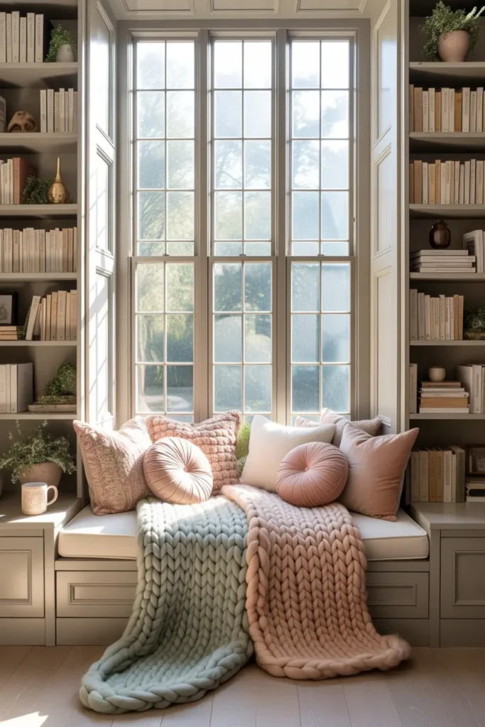 Cozy window seat library with surrounding bookshelves, soft blankets, cushions, and natural light