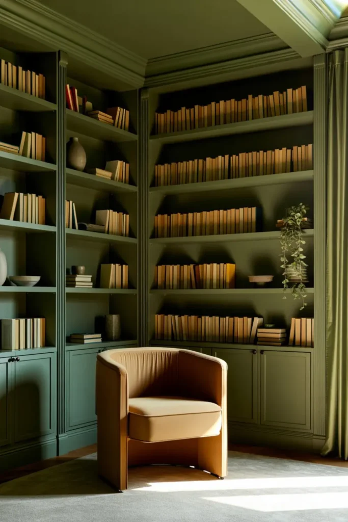 Sage green monochromatic home library with matching walls, built-in shelves, books, and velvet seating.