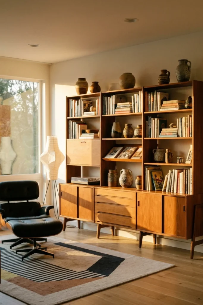 Grand two-story home library with towering bookshelves, balcony railing, and elegant chandelier.