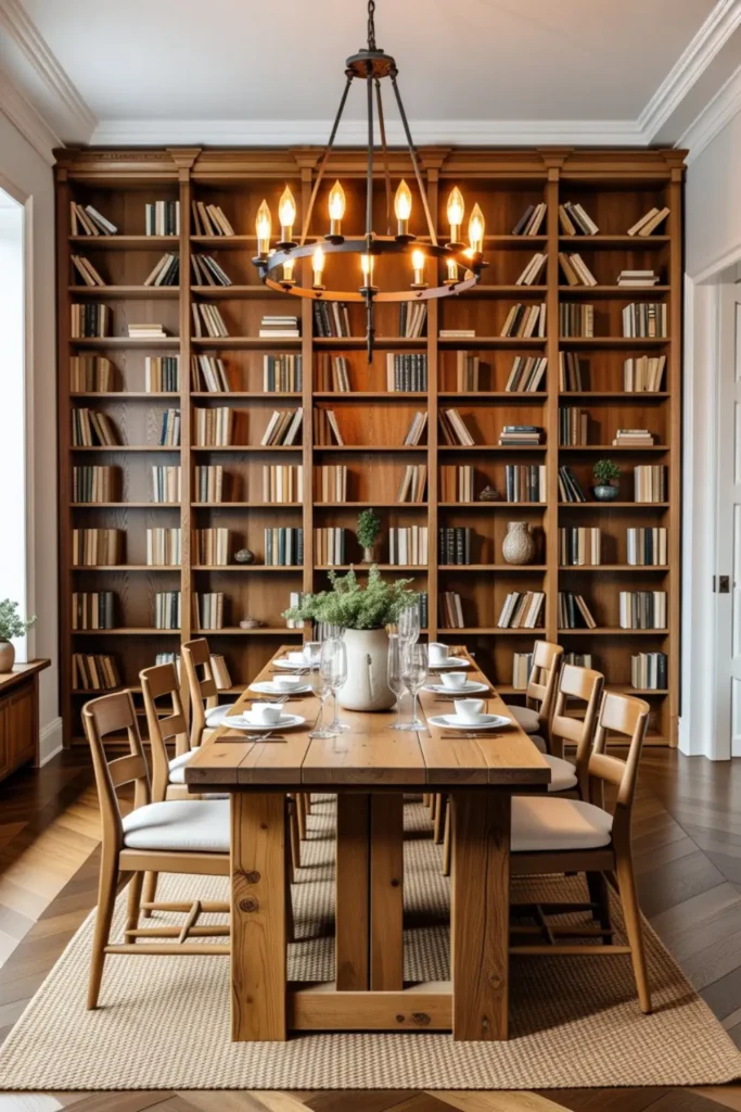 Elegant dining room transformed into a library with tall bookshelves and a rustic wooden table.