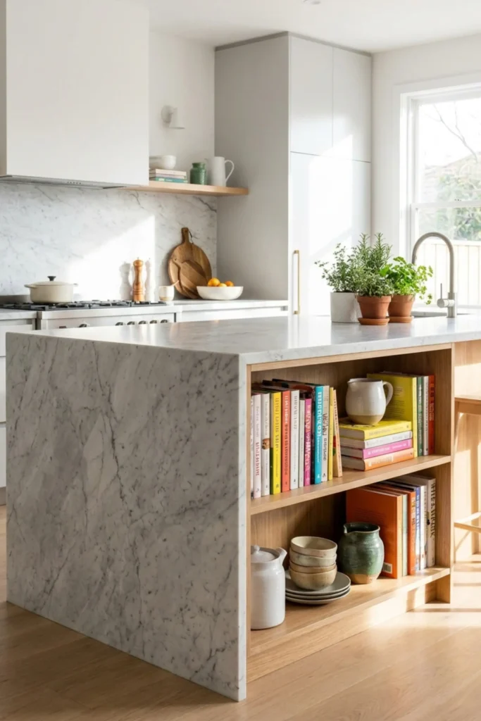 Modern kitchen with marble island featuring built-in cookbook shelves and colorful culinary books