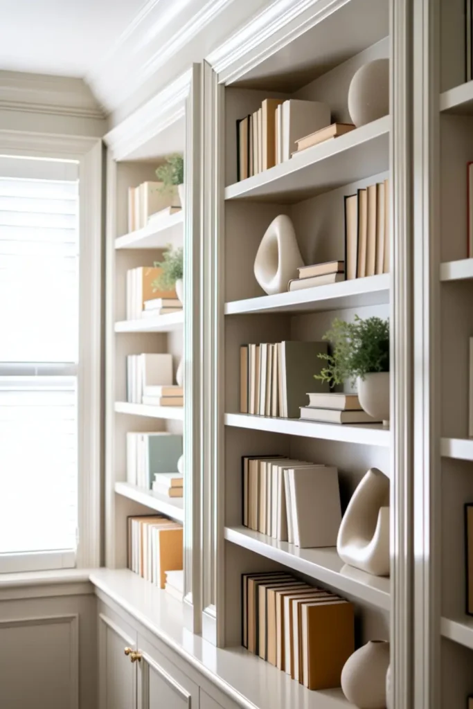 DIY built-in bookshelf design with white shelving, crown molding, books, and modern decorative ceramics.