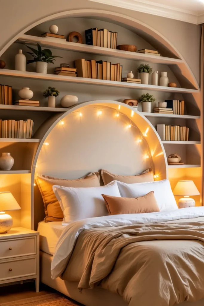 Modern wall-mounted book ledges displaying colorful book covers like a stylish gallery.
