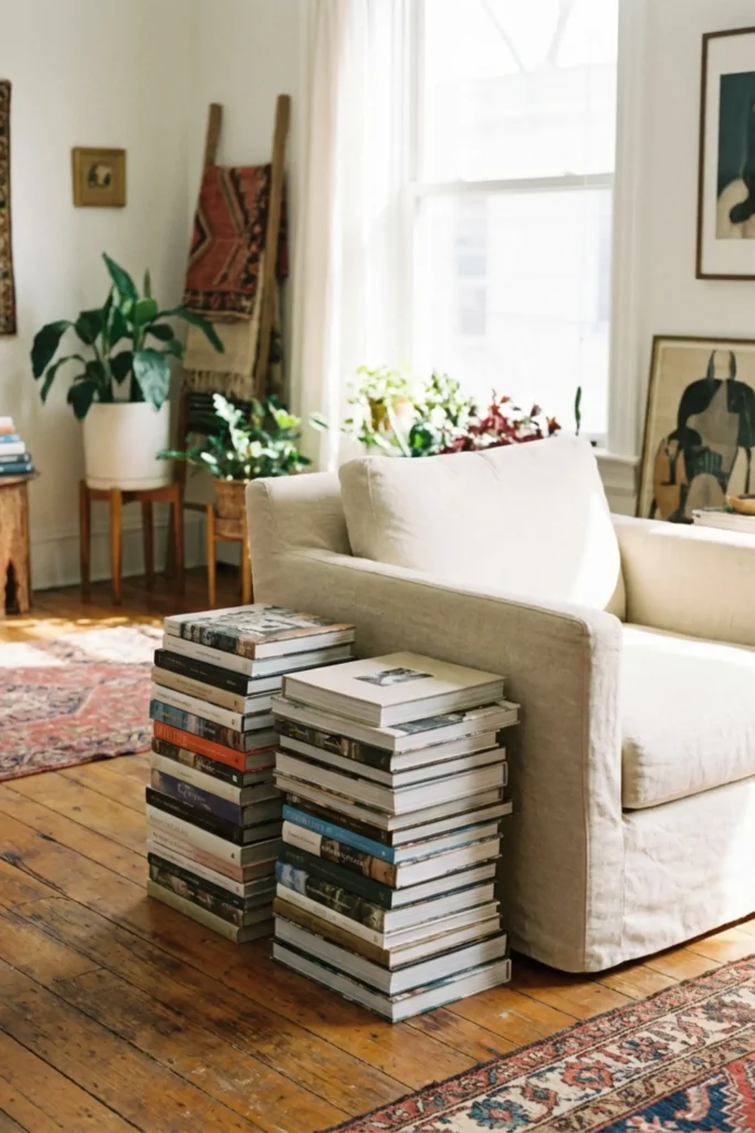 Bohemian living room with stacked coffee table books used as casual furniture beside a linen chair.