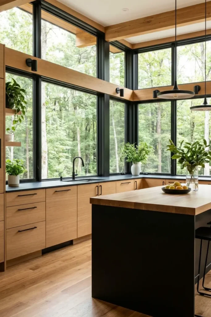 Modern kitchen with wraparound floor-to-ceiling windows overlooking forest views and natural wood cabinetry.