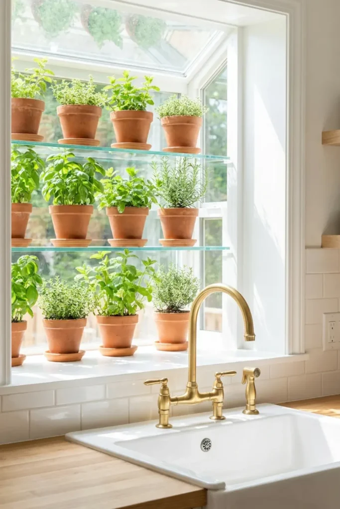 Greenhouse-style kitchen window above sink with potted herbs and brass faucet.
