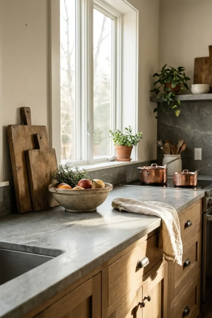 Matte grey stone kitchen countertops in a bright sunlit space with earthy decor.