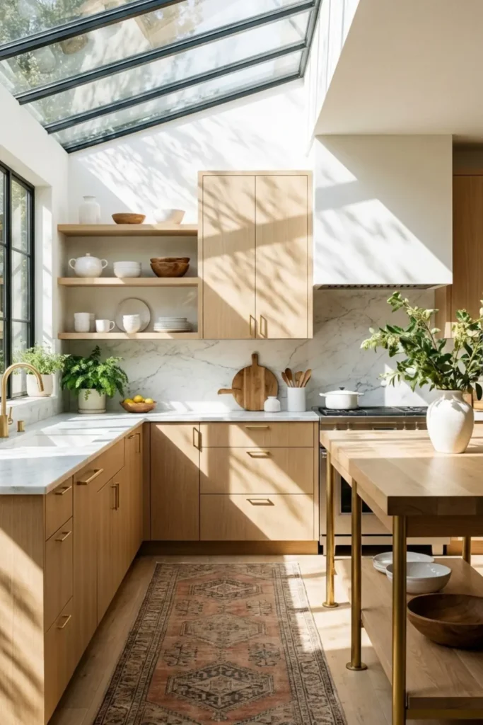 White oak kitchen cabinets beneath a glass ceiling with warm sunlight and brass accents.