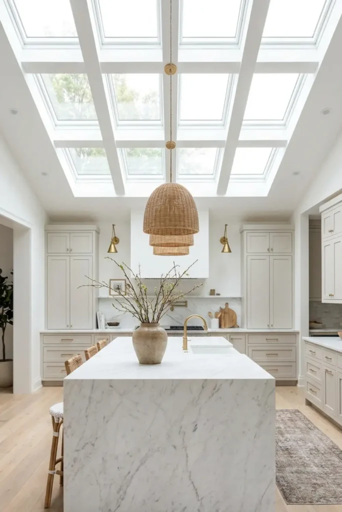 Large skylight grid above a marble kitchen island creating a bright airy atmosphere.