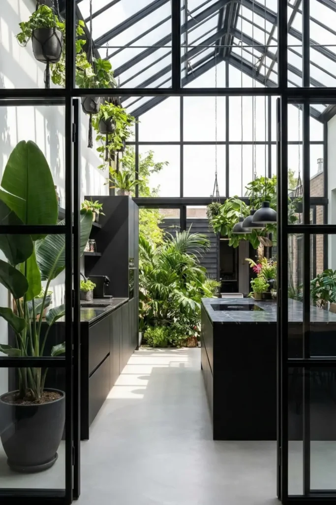 Modern black steel frame solarium kitchen with glass walls and lush greenery.