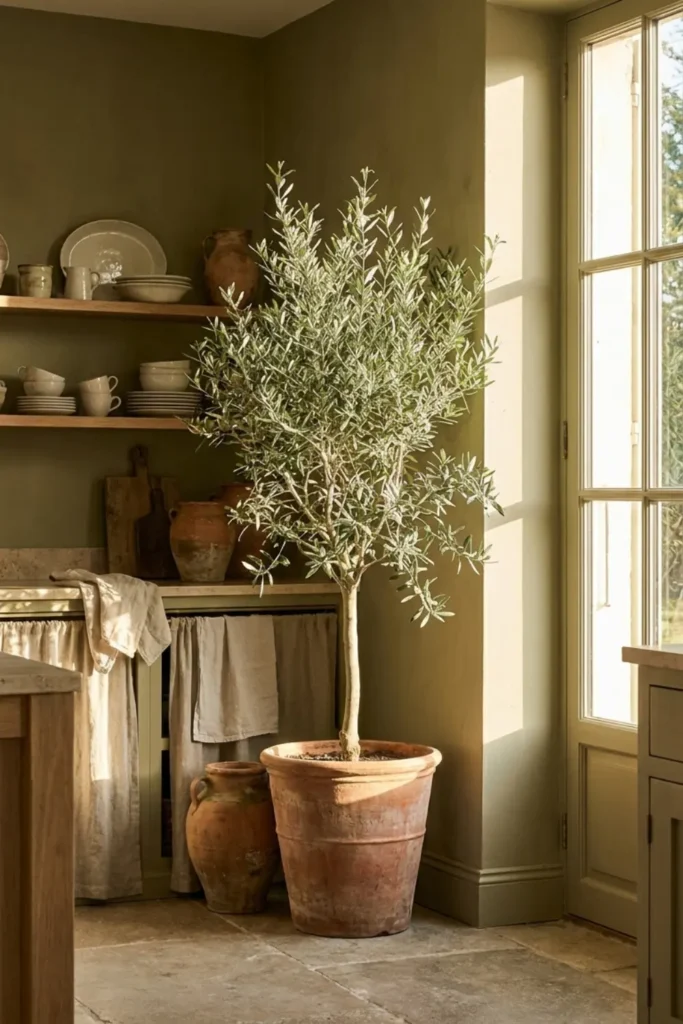 Large indoor olive tree in a terracotta pot placed in a sunny kitchen corner.