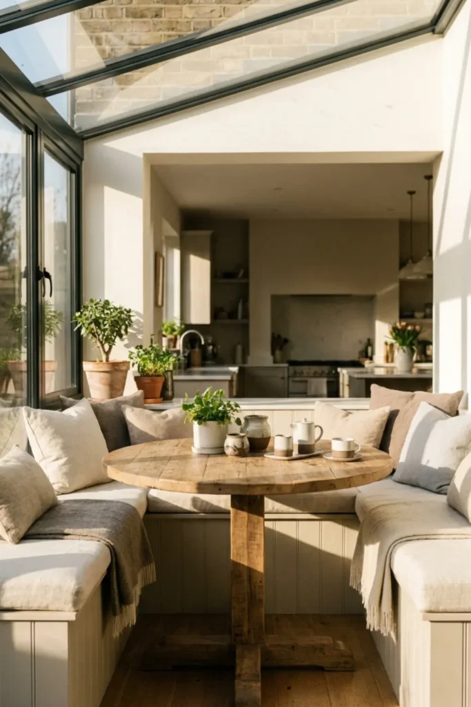 Glass-enclosed breakfast nook with built-in bench seating and morning sunlight.