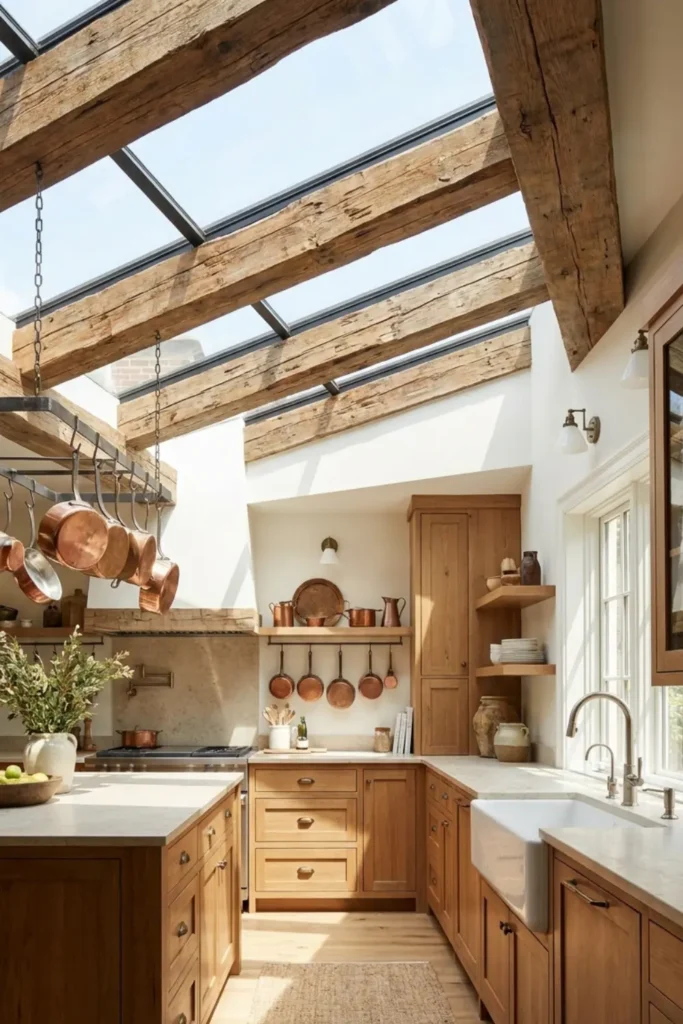 Rustic reclaimed wood beams crossing a glass ceiling in a farmhouse-style kitchen.