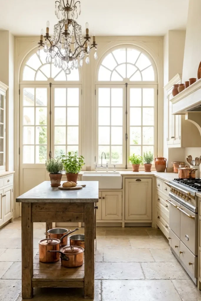 French country kitchen with elegant arched glass windows and rustic details.