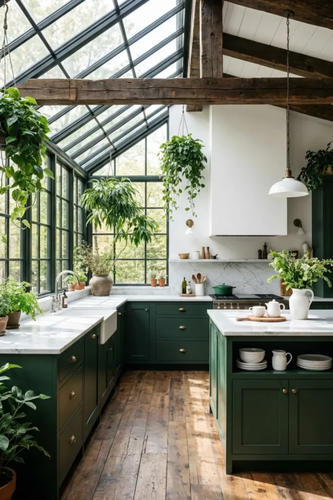 Bright solarium kitchen with dark forest green cabinets and abundant natural light.