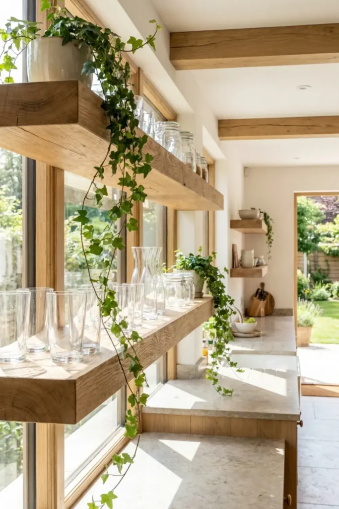 Floating wooden shelves mounted across large kitchen windows with glassware and plants.