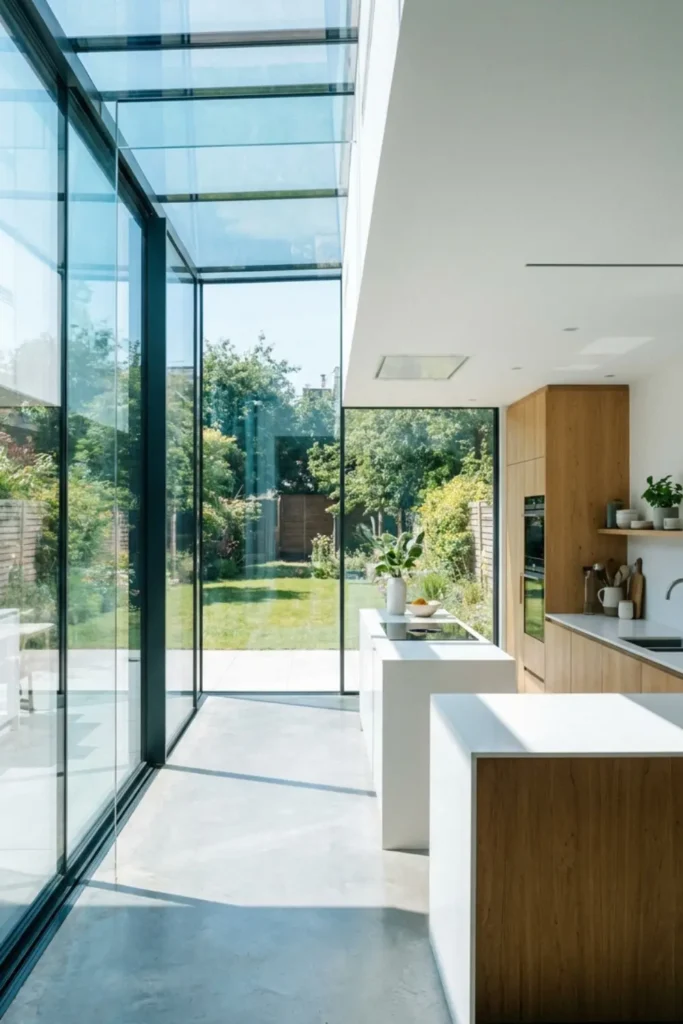 Glass kitchen extension with UV-tinted windows reducing heat and glare.