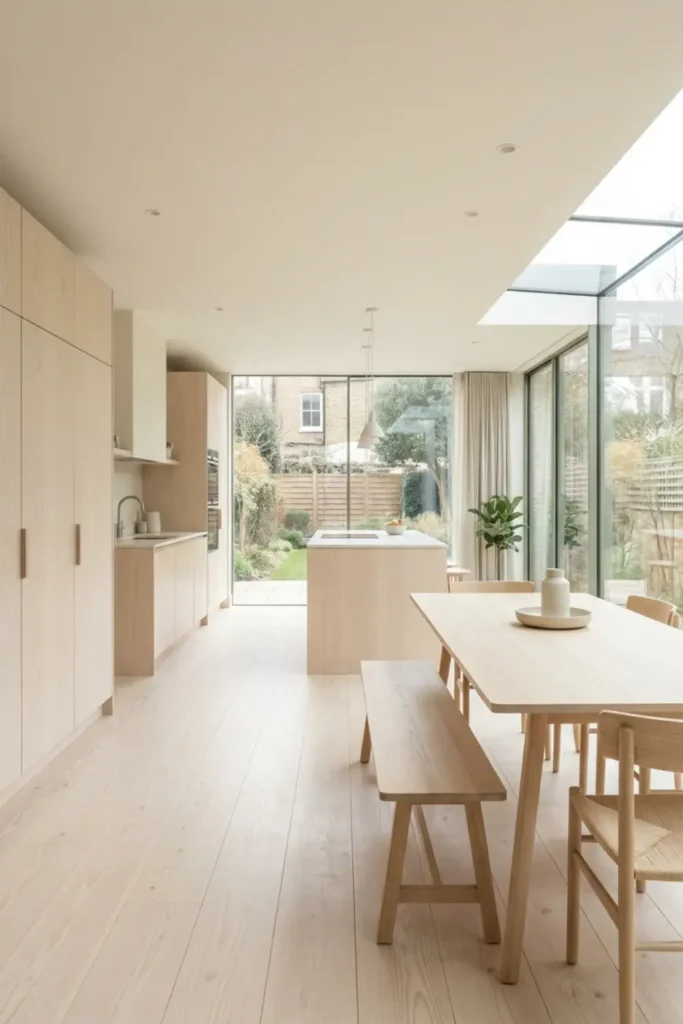 Scandinavian glass kitchen extension with pale wood and minimalist design.