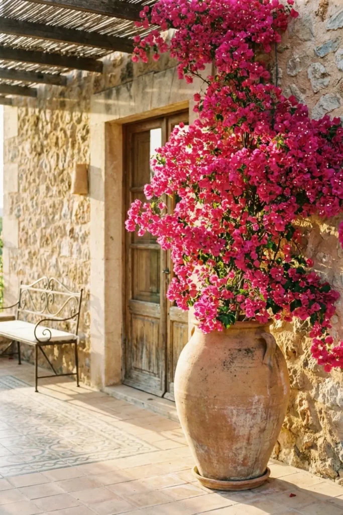 Bright pink bougainvillea plant in a large terracotta pot.