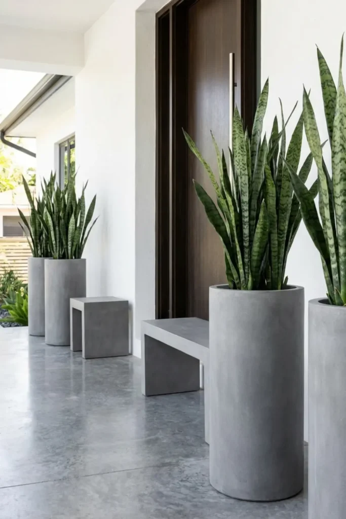 Modern concrete planters featuring tall green snake plants.