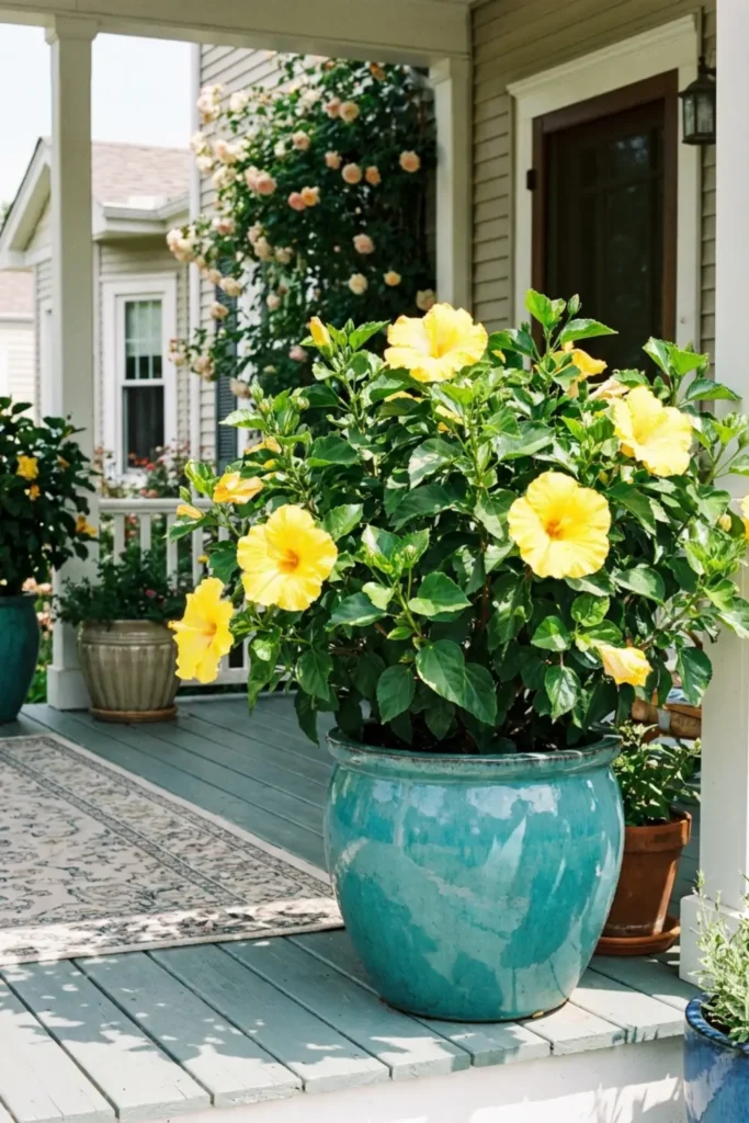 Bright yellow blooming hibiscus in a glazed turquoise ceramic pot.