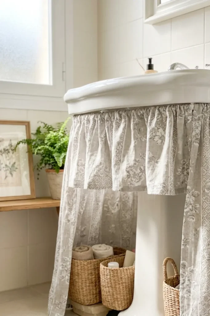 Conceal Pedestal Sink Pipes with a Fabric Skirt