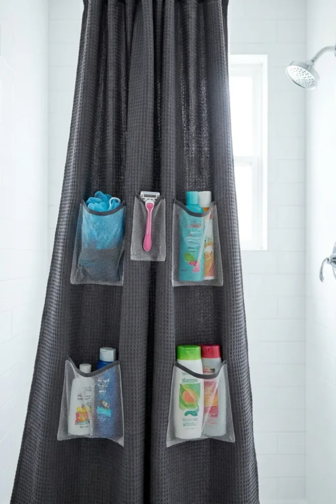 Use a Shower Curtain with Built-in Mesh Pockets