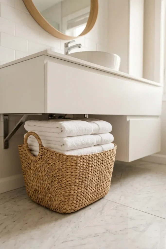 Place Woven Baskets on the Floor Under the Vanity