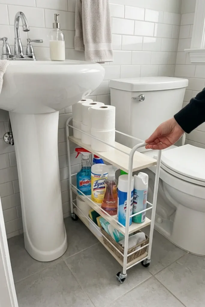 Slide a Narrow Rolling Pantry Between the Sink and Toilet